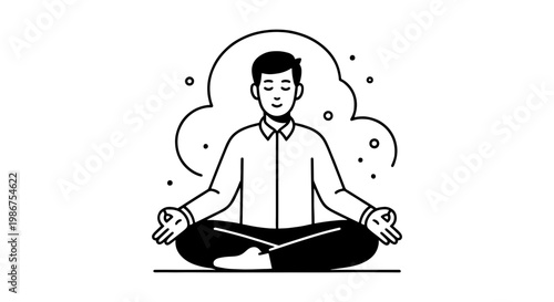 Minimalist line art vector of man meditating in lotus pose, calm person practicing mindfulness and yoga, peaceful male character in zen state