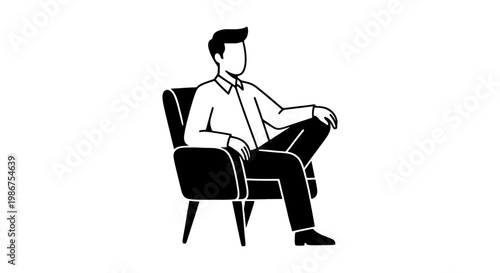 Minimalist black and white vector illustration of a man sitting in an armchair, relaxed businessman resting in a chair, professional male character