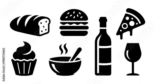 Minimalist food and drink icons set, black silhouette restaurant symbols, 8 vector elements including burger pizza and wine for menu design