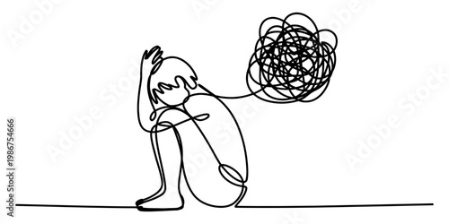 A single continuous line drawing of a person sitting in a fetal position with a tangled mind Vector, illustration