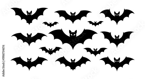 Black bat silhouettes collection, spooky flying bats vector set, 11 Halloween bat icons on white background, gothic animal graphics for party decor