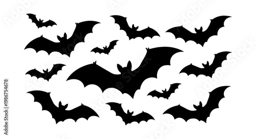 Black bat silhouette collection, flying bats vector set for Halloween decorations, spooky nocturnal animal icons on white background