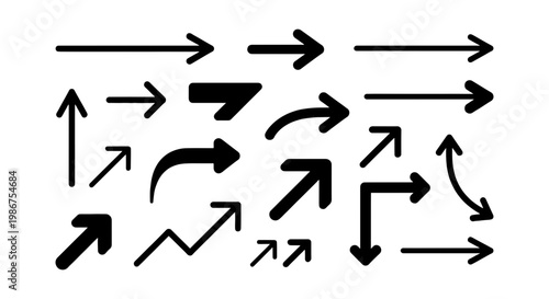 Hand drawn arrow set, black marker sketch arrows collection, minimalist directional pointer icons, 18 vector elements for infographics and UI design