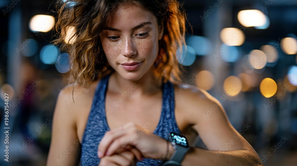 Fototapeta premium Female athlete checking fitness progress on smartwatch after gym workout
