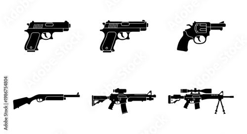 Black firearm silhouette icons set, collection of 6 gun vector elements, military rifle and handgun symbols for tactical design and security gaming