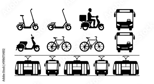 Public transport icons and city vehicle silhouettes, urban mobility set with bus, bicycle, scooter and tram, black flat vector symbols