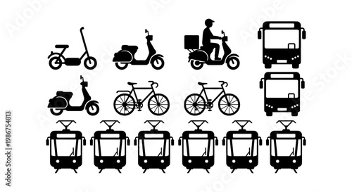 Urban transportation icons set, black silhouette city vehicle collection, public transit bus and tram symbols, delivery scooter and bicycle vector