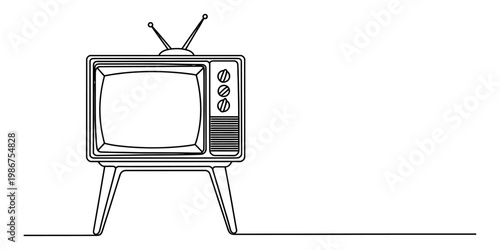 A continuous one line drawing of a retro television set with an antenna isolated on white background Vector, illustration