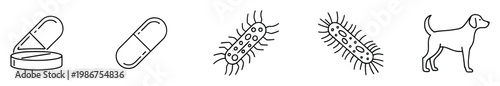 Line icons depicting pet medication, bacteria, and a dog, perfect for veterinary medicine, animal health, disease treatment, and pharmaceutical related graphic resources.