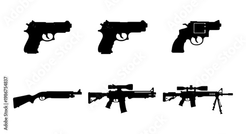 Black firearm silhouettes set, collection of 6 gun icons including pistols and rifles, military weapon vector graphics for tactical design