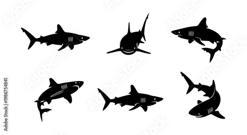 Shark silhouette vector set, black predatory fish icons in various swimming poses, 6 marine animal elements for ocean conservation and logo design
