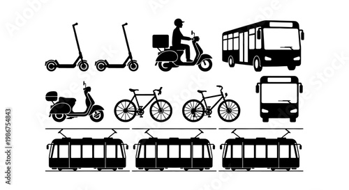 Urban transport silhouette icons set, city mobility vehicles including bus, tram, and electric scooter, bicycle and delivery moped vector collection