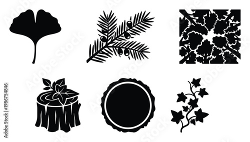 Stylized botanical silhouettes showcasing ginkgo leaves, coniferous branches with berries, overhead forest views, tree stumps, wood slices, and climbing ivy suitable for natureinspired