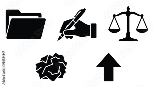 A collection of essential professional icons including file folders a writing hand justice scales crumpled paper and an upload arrow useful for business presentations or legal documentation