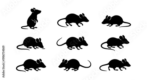 Black mouse silhouette collection, set of 9 rodent vector icons, minimalist rat animal shapes in various poses, pest control and wildlife graphics
