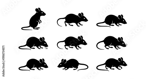 Black mouse silhouette collection, set of 9 rodent icons in various poses, minimalist rat vector graphics for pest control and wildlife design