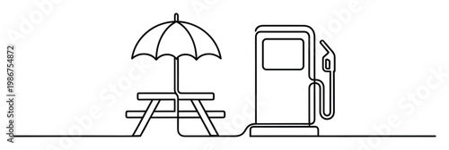 Continuous line drawing of a picnic table with an umbrella connected to a gas pump, symbolizing travel, relaxation, and journey necessities for automotive or holiday promotions.