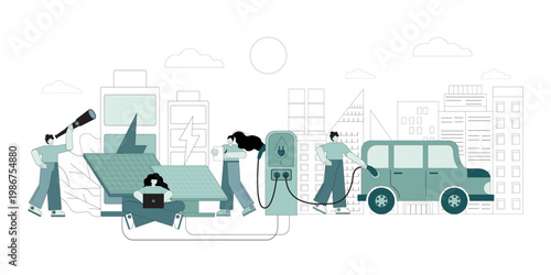 Solar panels. Refueling an electric car. People use green energy from solar panels.eps