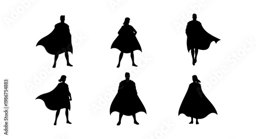 Superhero silhouettes collection, set of 6 heroic characters with flowing capes, black vector icons of powerful men and women in standing poses