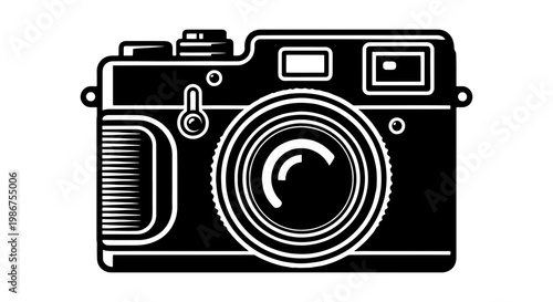 Vintage film camera vector illustration, retro analog photo camera icon, classic black and white photography equipment graphic for logo design