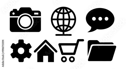 Minimalist web icon set, black solid vector symbols for interface design, collection of 7 navigation icons including camera, globe, and shopping cart