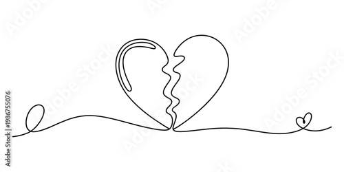 A minimalist single line drawing of a broken heart symbol isolated on a clean white background Vector, illustration