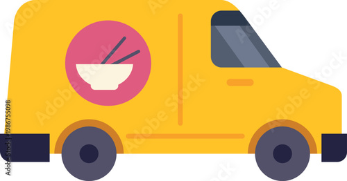 Flat vector illustration of a yellow food delivery van featuring a noodle bowl logo