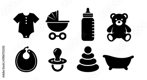 Baby care icon set with 8 black vector silhouettes, newborn nursery equipment collection, infant supplies including stroller, bottle, and teddy bear