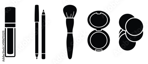 A collection of essential cosmetic products including lip gloss makeup brush powder compact and sponges for various personal care and styling applications.