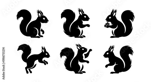 Black squirrel silhouette collection, set of 6 forest animal vector icons, minimalist wildlife rodent shapes for nature logos and branding