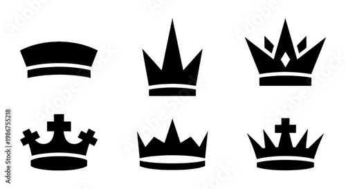 Minimalist crown icons set, black royal tiara vector silhouettes, 6 elegant king and queen headwear elements for luxury branding and logo design