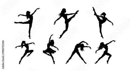 Graceful ballet dancer silhouettes, set of 7 female performer vector icons, elegant contemporary dance poses, black rhythmic gymnastics figures