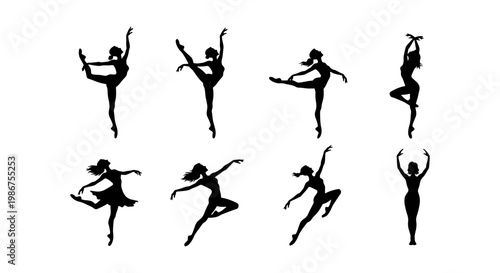 Graceful ballet dancer silhouettes set, 8 elegant ballerina vector icons in motion, black female dancing figures for theater and arts performance