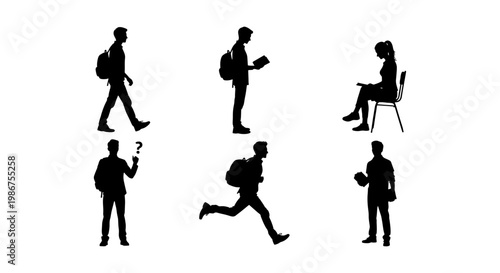 Student silhouettes set, university students with backpacks walking and studying, collection of 6 school pupil vector icons for education design