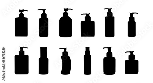 Cosmetic bottle silhouettes, 12 pump dispenser icons set, black liquid soap and lotion container vector, skincare packaging collection