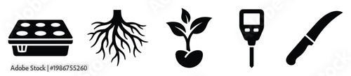 Essential gardening tools and plant growth stage icons including propagation tray root system seedling soil pH meter and cultivation knife for farm and garden project graphics