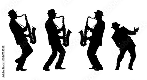 Jazz musician silhouette vector set, saxophone player performing in fedora hat, black musical artist silhouettes for concert posters and event design