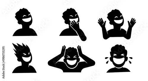 Laughing man silhouette icons, set of 6 expressive male character avatars, joyful people laughing out loud, black and white vector illustrations