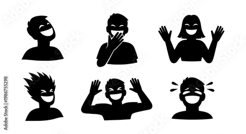 Laughing people silhouette icons set, joyful human avatars with happy facial expressions, black and white vector collection of 6 laughing characters