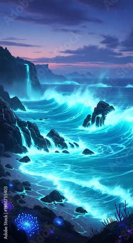 Glowing ocean waves crashing on rocks.