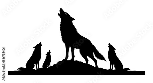 Howling wolf pack silhouette vector, wild wolves standing on a hill, black animal silhouettes on white background, wilderness nature graphic