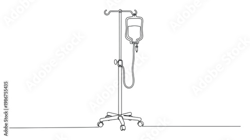 Continuous line drawing of an intravenous drip stand with a fluid bag, perfect for illustrating medical procedures and healthcare concepts in presentations or educational materials.