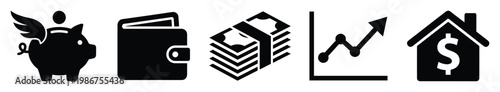 Financial planning and economic prosperity icons illustrating investment growth, property value, personal wealth management, and money flow concepts for business presentations