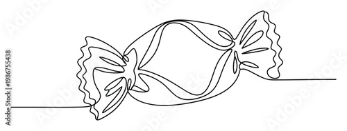Simple continuous line drawing of a sweet candy in a twisted wrapper, perfect for confectionery branding, dessert menu accents, or playful marketing graphics for food and treats.