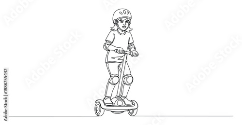 Young girl wearing a protective helmet and knee pads skillfully rides a modern electric self balancing hoverboard scooter on a single continuous line for youth activity and safety concepts
