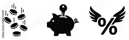 Visualizing financial concepts through falling coins, a secure piggy bank, and a winged percentage symbol ideal for investment, savings, and loan advertisements