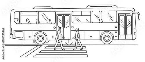Bus transportation with pedestrians using a crosswalk for urban commuting and public transit scenarios, ideal for graphic projects and educational materials
