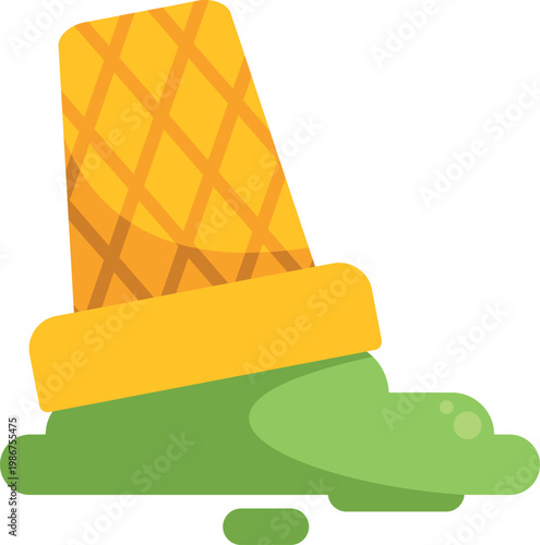 Bright cartoon illustration of a spilled green ice cream with cone upside down on white background
