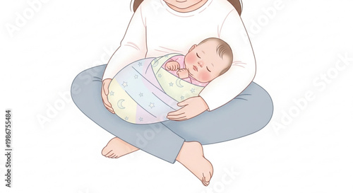 Woman sitting cross legged holding and cradling a swaddled sleeping newborn baby close to her chest