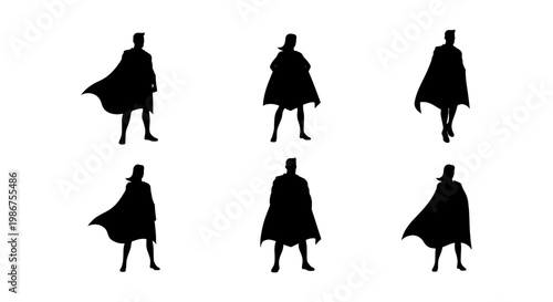 Superhero silhouette collection, set of 6 heroic male and female characters with capes, black vector figures in powerful standing poses